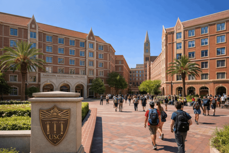 USC on-campus housing near Parkside Residential College with students walking through campus