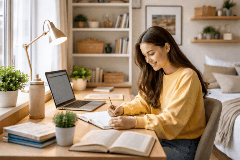 USC student studying in a calm, organized environment for stress-free academic success
